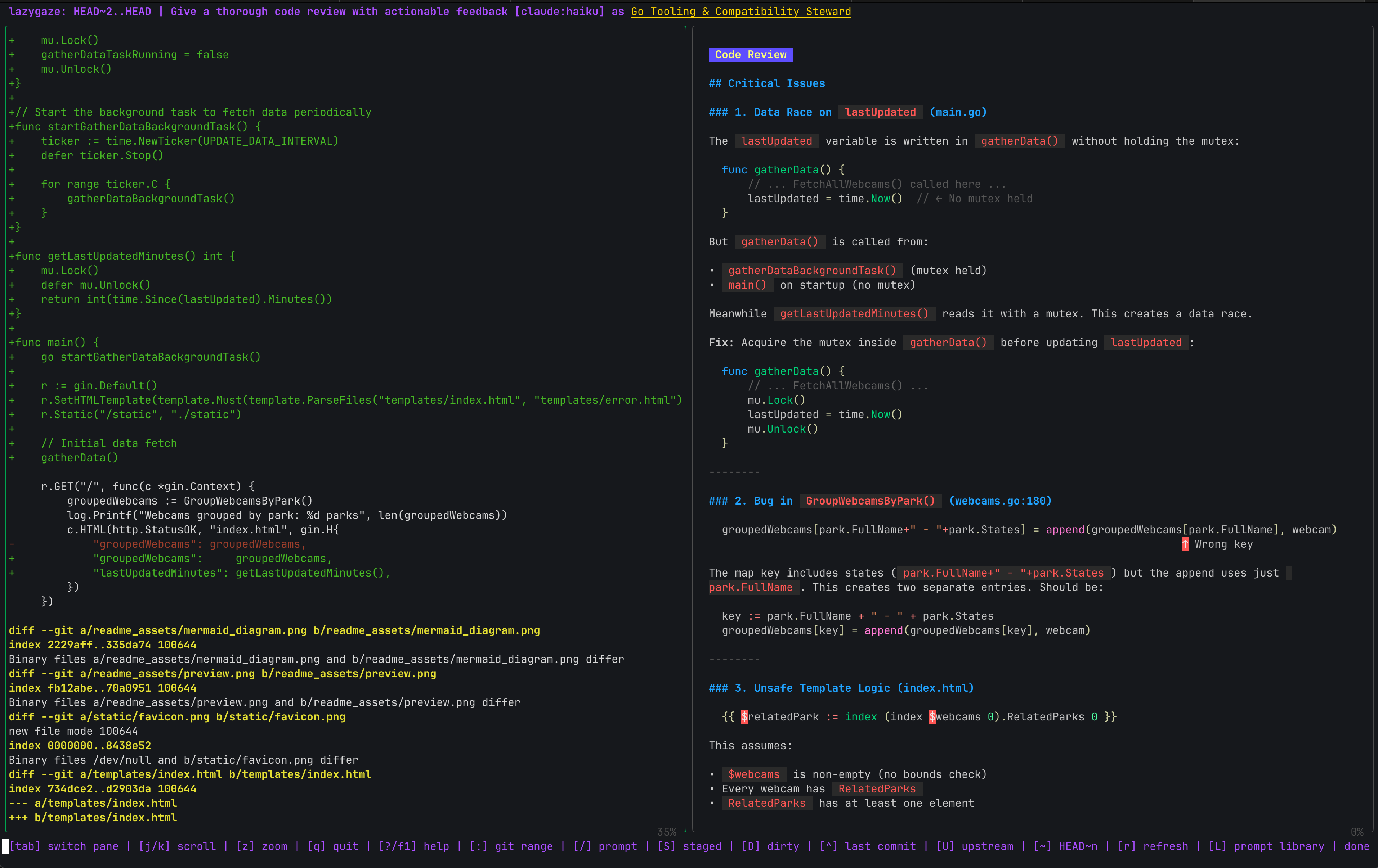 Lazygaze split-pane TUI showing a diff and AI review